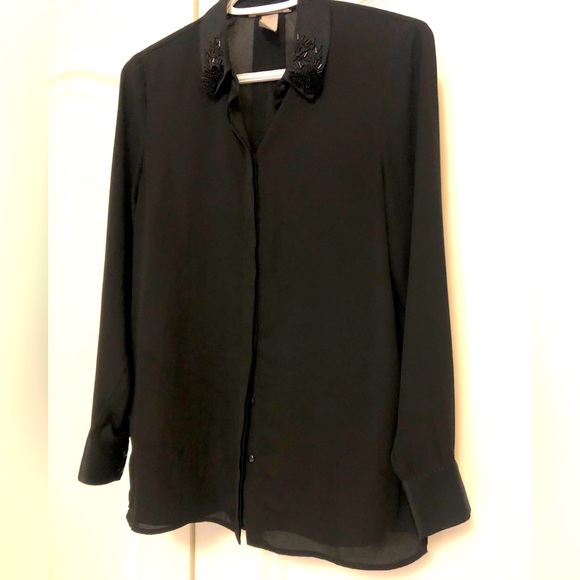 Black button down black shirt, beaded collar, 4 - Picture 3 of 5